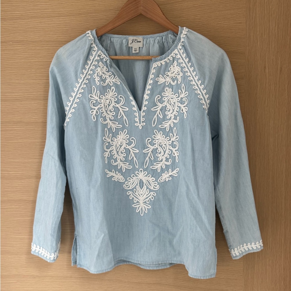 J. Crew Pale Blue Embroidered V-Neck Tunic - size XS